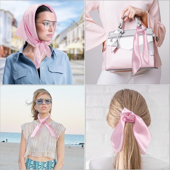 Women's Pink Silk Feeling Scarf 23.6'' Square Satin Scarf Neck Head Bandana - Picture 7 of 7